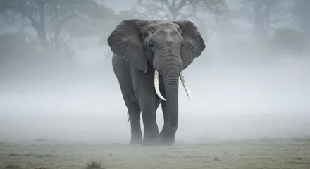 Tableau sur plexiglas Le salon Majestic African elephant stands proudly in a misty, atmospheric environment, facing forward.  © ilyas