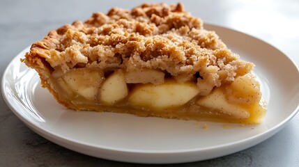 Slice of Apple Crumble Pie on a White Plate