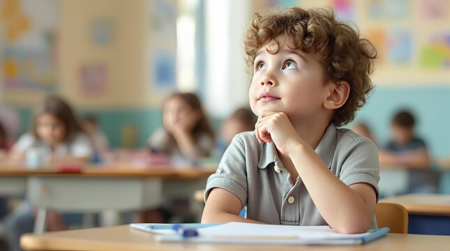 Curly haired boy looking up in a classroom with other students sitting at their desks in the background