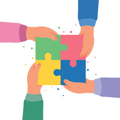 Hands holding puzzle pieces and connect together. Concept of teamwork, partnership. 
