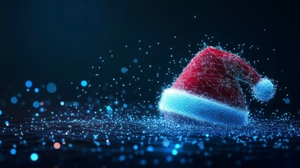 Abstract digital Santa hat on dark background with bokeh lights.