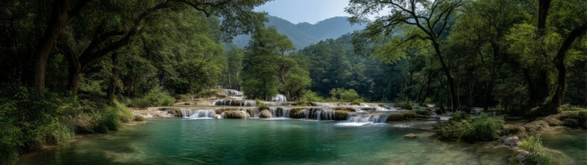 Fototapeta premium Serene waterfall discovery lush forest 360 degrees hdr panorama tranquil nature scene