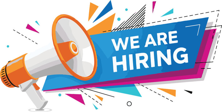 Vector art of megaphone announcing we are hiring with colorful shapes