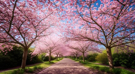 Cherry blossoms create a beautiful floral archway over a peaceful garden path.

