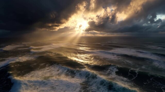 The sun breaking through storm clouds over the ocean: the sun's rays pierce through tumultuous clouds, illuminating a turbulent ocean with an ethereal glow.