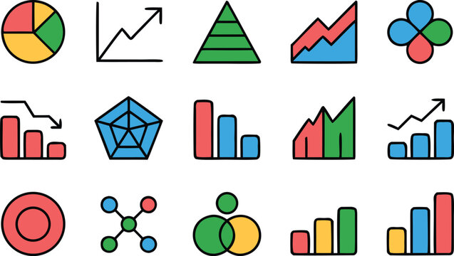 Collection of Twelve Colorful Infographic Icons Representing Data Analysis, Statistics, and Business Trends