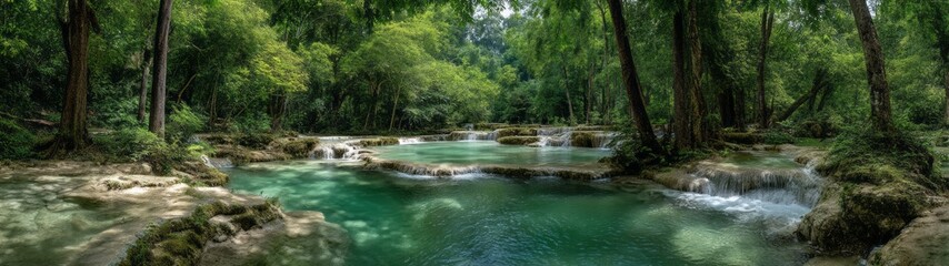 Panoramic hdr 360 degrees view of serene nature landscape with waterfalls lush forest