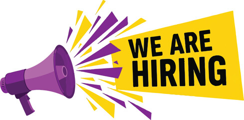 Vector art of we are hiring announcement with a purple megaphone and colorful burst