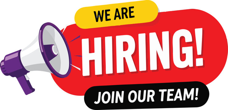 Vector art of megaphone announcing we are hiring and to join our team