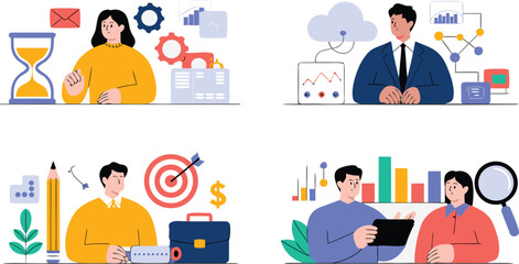 Illustration of Business Professionals Working on Project Management, Time Management, Data Analysis and Targeting Goals