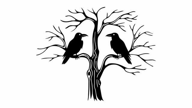 Two crows on the dark tree horror night concept 