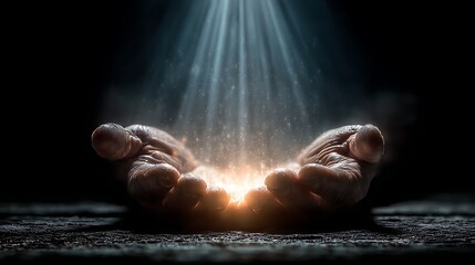 Two hands cupped upward, illuminated by a beam of bright, heavenly light, emanating from above.