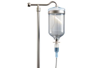 A medical iv drip bag and stand isolated on a transparent background