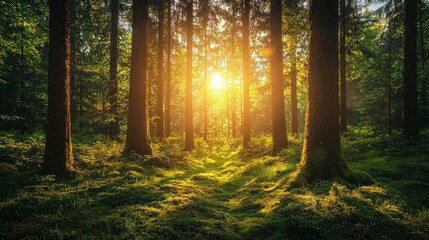 Fototapeta premium Serene Forest Scene with Dappled Sunlight Through Trees and Lush Green Underbrush for Calmness and Mindfulness
