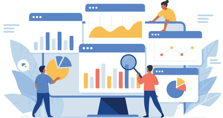 Team Analyzing Data on Multiple Screens with Charts, Graphs, and Magnifying Glass