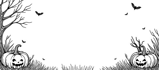 Halloween frame with pumpkins and bats &ndash; Cute coloring for kids, black and white design