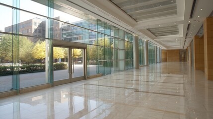 Wide, modern hallway with large windows and polished floors.
