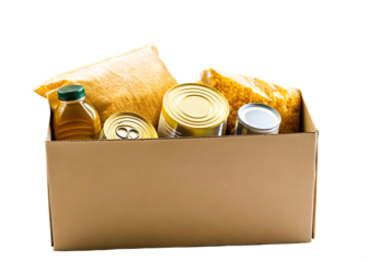       food donation box pasta beans canned goods isolated on white background PNG, AI GENERATED