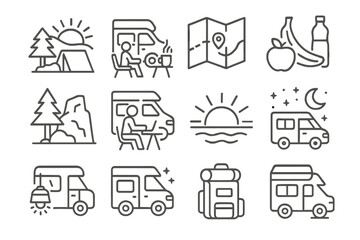 Line art camping icons: rv, nature, maps, food, and sunset scenes