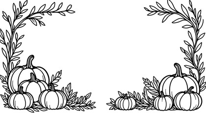 Autumn harvest frame with pumpkins and leaves – Coloring book illustration