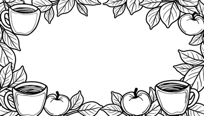 Autumn frame with apple cider mugs – Cute coloring design for kids, black and white