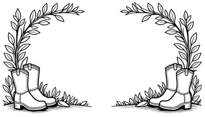 Autumn boots with leaves frame – Fun kids coloring activity, black and white