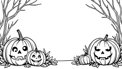 Halloween frame with carved pumpkins – Cute kids coloring design, black and white