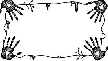 Abstract Halloween frame with bloody handprints – Kids coloring activity, black and white design
