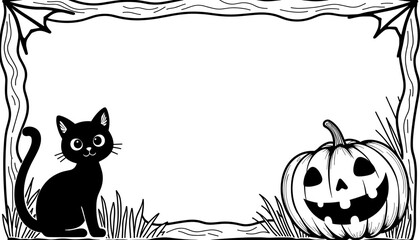 Halloween frame with black cat and pumpkin, kids coloring activity