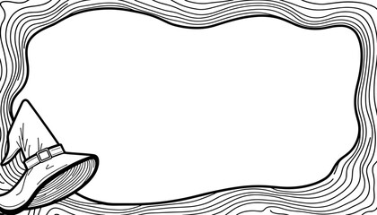 Halloween frame with witch's hat – Cute coloring page for kids, black and white