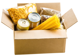 food donation box pasta beans canned goods isolated on white background PNG, AI GENERATED