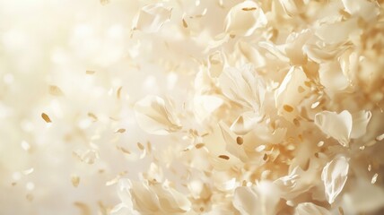 Delicate white rose petals scattered with golden flakes on creamy textured surface, presenting wedding romantic composition for beauty and luxurious design concepts
