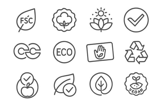 Eco-friendly icons: fsc, recycling, vegan, organic, sustainable symbols