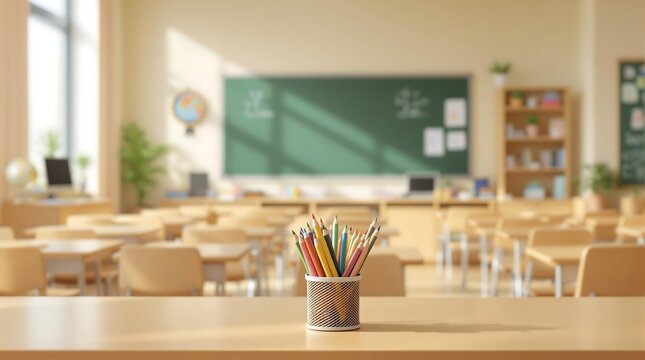 Classroom scene with colored pencils on a desk and blackboard in the background showing empty desks