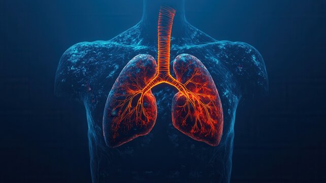 Luminescent red lungs revealing branching bronchi and delicate alveoli respiratory active during function and gas exchange