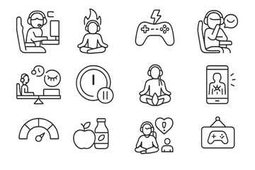 Fototapeta premium Outline icons of gaming, meditation, health, and communication