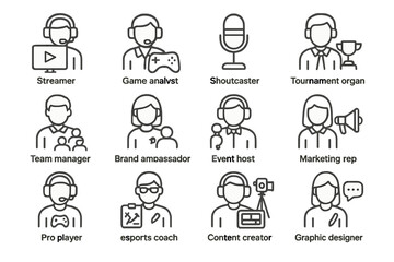 Fototapeta premium Diverse roles in esports industry illustrated as icons with descriptions