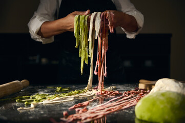 Chef Crafting Colorful Handmade Pasta Showcasing Traditional Italian Cooking and Gastronomy