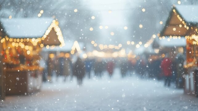 background snowfall enveloping festive christmas market, blurred silhouettes wandering near decorated fir trees, twinkling lights, Soft church looming in historic