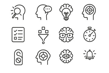 Abstract icons of brain, mind, and communication set on a textured gray background