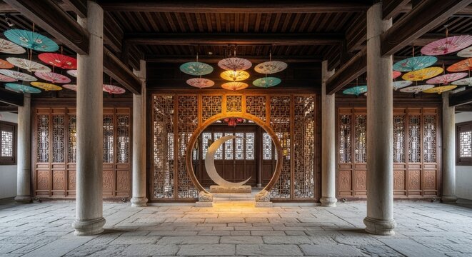 Traditional Chinese Courtyard with Decorative Umbrellas and Crescent Moon Archway