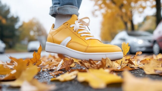 Close up of a man's sneakers wearing white on walking feet fallen autumn leaves on a residential street - Powered by Adobe