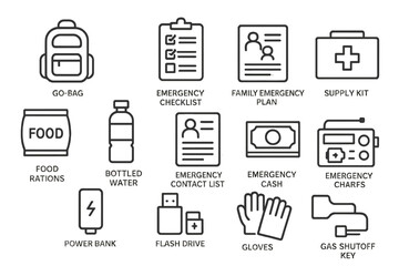 Emergency preparedness icons: kit, checklist, plan, water, cash