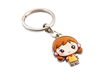 A cute cartoon girl keychain charm with brown hair and a yellow shirt, isolated on a transparent background