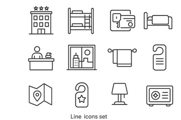 Hotel line icons: bunk bed, keycard, towel, bellhop, city view, map, lamp, safe