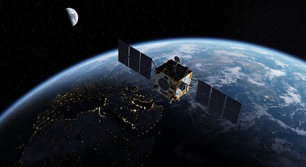 A satellite orbits earth with the moon visible in the background, highlighting the planets city lights and atmospheric conditions