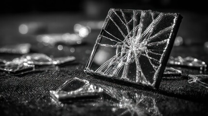 Broken mirror fragments on dark fabric