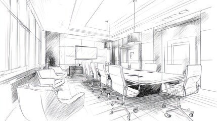 Architectural sketch of a modern conference room.