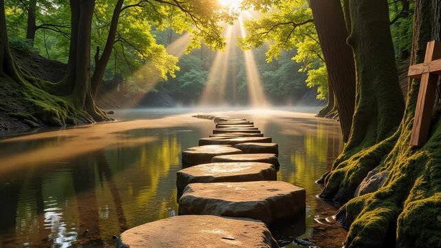 Morning light streams onto a wooden cross near stepping stones crossing a misty river within a serene forest glade creating tranquil scenery.