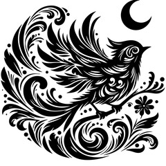 Ornate Black Bird with Crescent Moon and Floral Swirls.